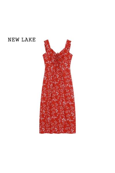 NEW LAKE法式红色碎花裙吊带裙女春季海边度假风连衣裙气质长裙子