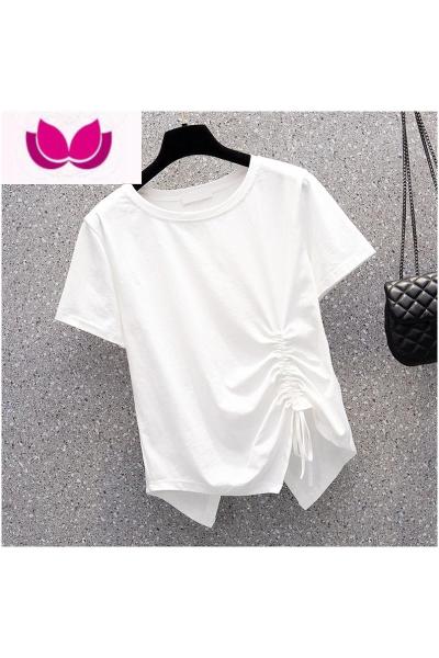 七斓宽松显瘦设计感上衣大码女装2023夏装新款洋气胖妹妹系带短袖T恤