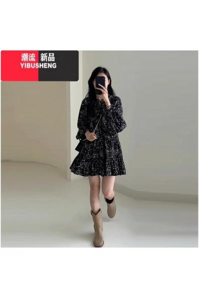 YIBUSHENG茶歇法式黑色碎花连衣裙子女款2024新款季小个子气质看短裙