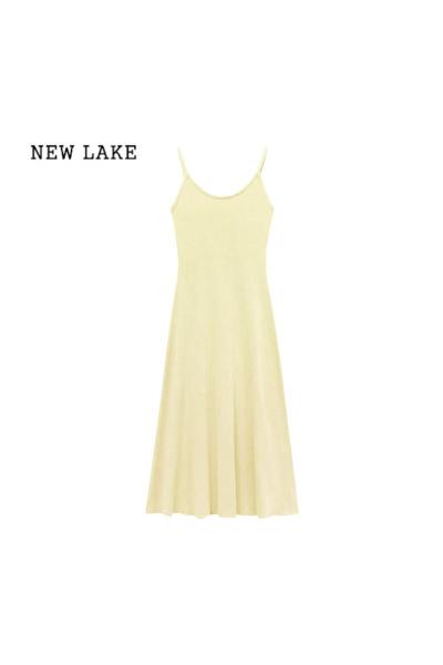 NEW LAKE纯欲风粉色吊带裙女夏季针织黄色连衣裙气质收腰显身材包臀裙长裙