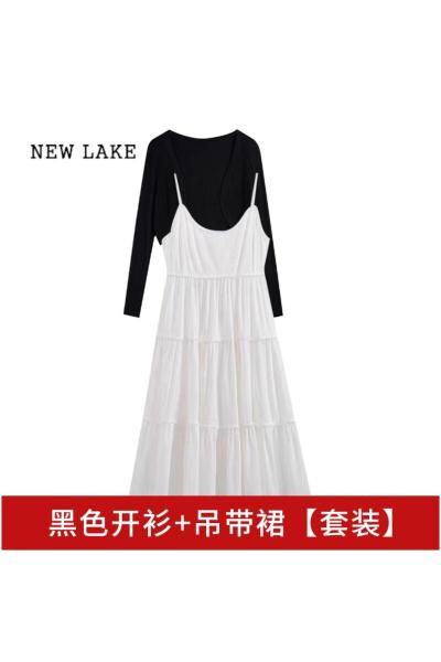 NEW LAKE2024新款桔梗法式白色吊带连衣裙子夏季女装黑色显瘦穿搭一整套装