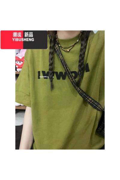 YIBUSHENG潮牌美式复古字母印花正肩短袖t恤女季设计感小众大版半袖上衣