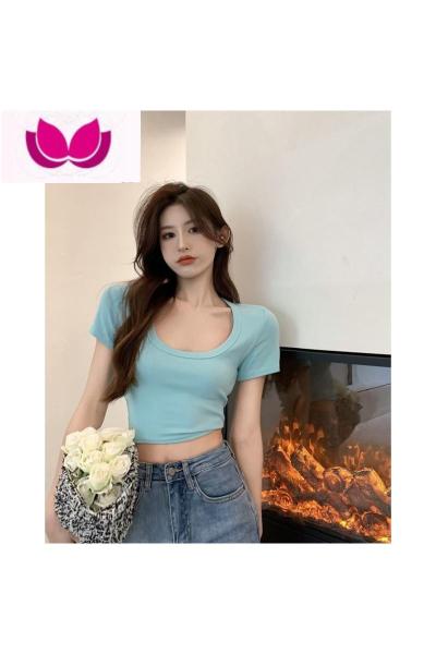 七斓蓝色U领短款T恤女装春季新款修身短袖内搭设计感小众chic甜辣上衣