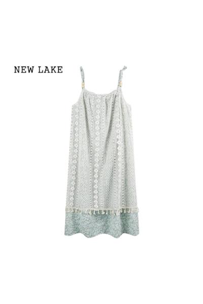 NEW LAKE法式复古流苏拼接甜美连衣裙子女夏季新款显瘦气质吊带无袖中长裙