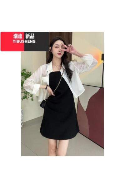 YIBUSHENG气质黑色吊带连衣裙外搭罩衫女季防晒开衫配吊带裙衬衫裙子套装