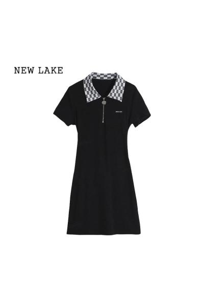 NEW LAKE2024年新款设计感小众纯欲辣妹蝴蝶结黑色polo包臀连衣裙子女夏季