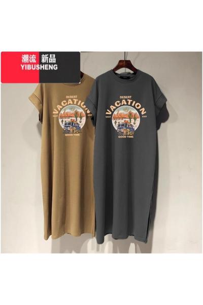 YIBUSHENG大码女装短袖T恤连衣裙季小个子胖mm加肥宽松休闲长款裙子