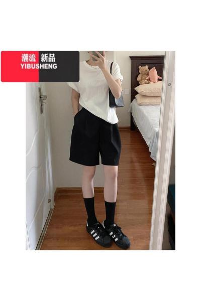 YIBUSHENG梨形身材黑色西装短裤女季胖妹妹mm高腰宽松显瘦阔腿五分休闲裤