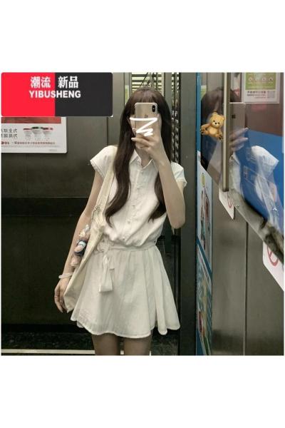YIBUSHENGpolo领学院风衬衫连衣裙子女2024新款气质法式收腰绑带白色短裙