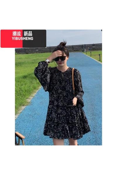 YIBUSHENG黑色雪纺碎花连衣裙女2023韩版小个子宽松长袖高级感法式裙子