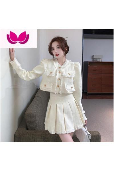 七斓小香名媛短款西装外套百褶裙套2023新款女装高腰显瘦套装