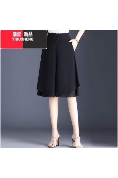 YIBUSHENG口袋雪纺阔腿裤季薄款外穿短裤女高腰休闲裤宽松洋气五分裤裙裤