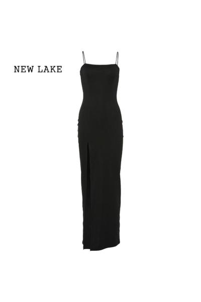 NEW LAKE 美式性感高腰开叉气质吊带长裙女 百搭修身连衣裙夏季