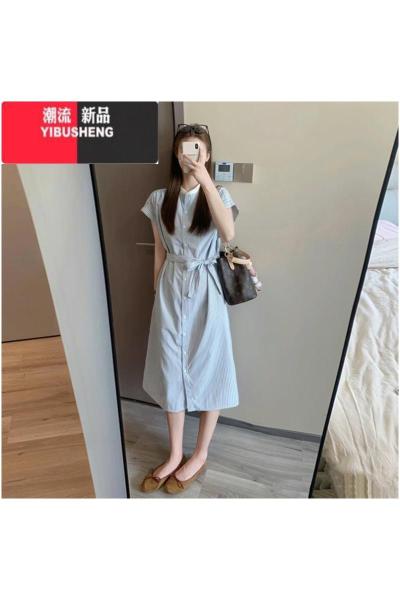 YIBUSHENG法式气质条纹衬衫连衣裙女季2024新款小个子收腰显瘦清冷感长裙