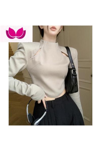 七斓小心机镂空短款垫肩上衣长袖t恤女春装个性不规则黑色针织打底衫