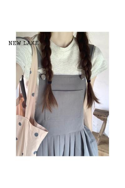 NEW LAKE韩系灰色背带裙连衣裙女夏季减龄小个子显瘦收腰百褶裙气质长裙子