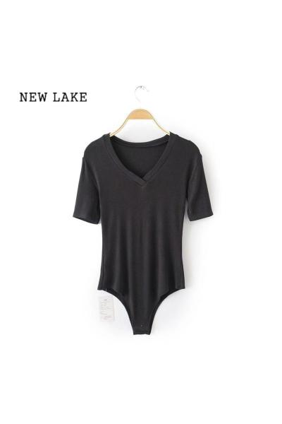 NEW LAKE春夏新款短袖连体衣女欧美风弹力修身V领T恤性感百搭显瘦打底上衣