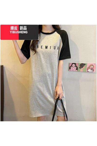 YIBUSHENG韩版休闲简约字母刺绣短袖T恤裙女季中长裙宽松显瘦连衣裙上衣