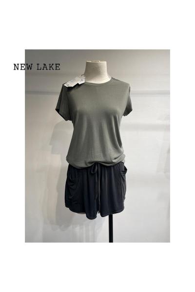 NEW LAKE莫代尔夏季女T恤休闲运动短袖纯色圆领短袖上衣运动短裤瑜伽日常