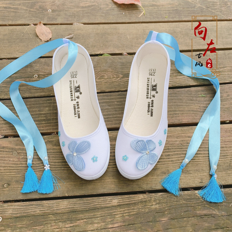 古风改良版汉服鞋子女平底坡跟刺绣帆布舞蹈鞋古装学生系带仙女鞋