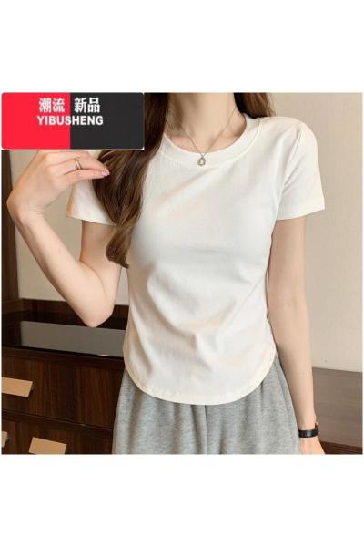 YIBUSHENG纯欲风圆领弧形下摆短袖t恤女季新款修身不规则上衣短款ins甜辣