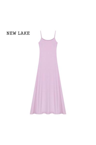 NEW LAKE法式带胸垫吊带裙紫色连衣裙女夏季气质长裙收腰显瘦A字包臀裙子