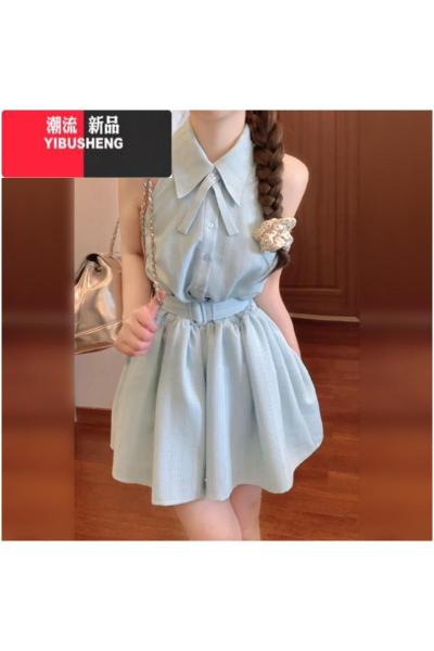 YIBUSHENG小个子看海边度假无袖连衣裙子女季2024新款韩系衬衫裙短裙