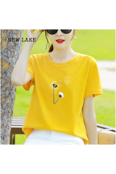 NEW LAKE纯棉黄色短袖t恤女士体恤2024年夏装新款宽松夏季女装上衣服正肩