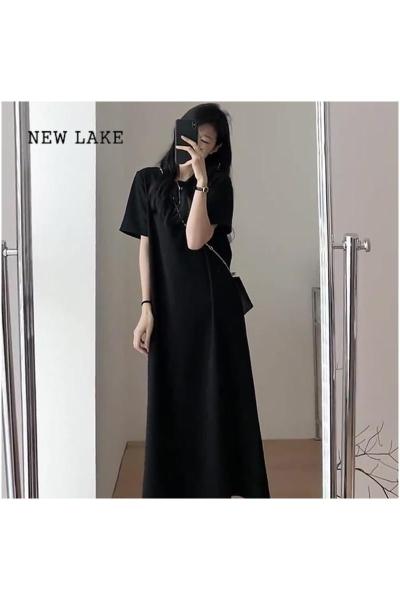 NEW LAKE黑色连衣裙子女夏季2024年新款法式高级感宽松显瘦遮肉短袖中长裙