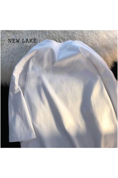 NEW LAKE奶黄色纯棉短袖t恤女夏季美式复古宽松设计感小众大码女装上衣服