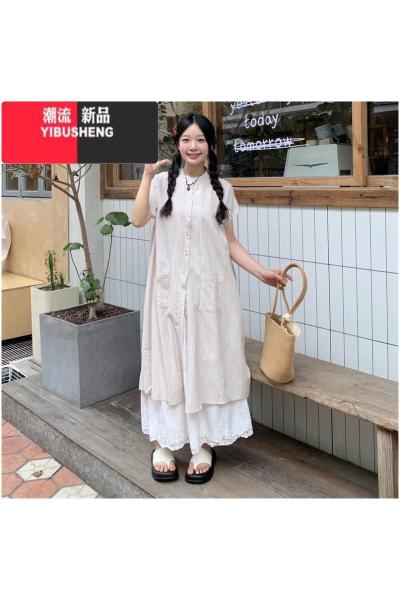 YIBUSHENG微胖mm大码女装日系叠穿两件套蓝色条纹衬衫连衣裙季蕾丝半身裙