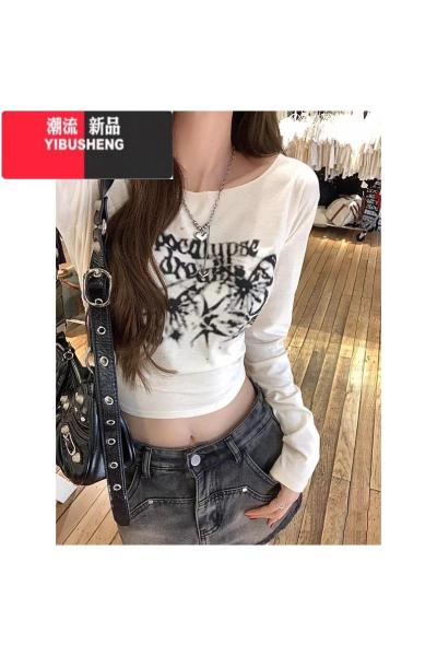 YIBUSHENG美式复古长袖t恤女春内搭短款高腰露脐打底衫辣妹修身上衣服