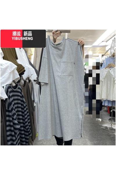 YIBUSHENG特大码300斤慵懒风季短袖宽松胖MM纯色休闲长款开叉T恤连衣裙女