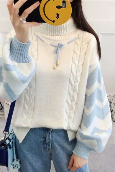 高领加厚保暖学生毛衣女秋冬季新款打底衫宽松灯笼袖外穿针织上衣