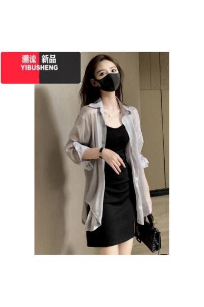 YIBUSHENG2023辣妹套装女纯欲风小黑裙性感外穿吊带新款连衣裙防晒衣衬衫两