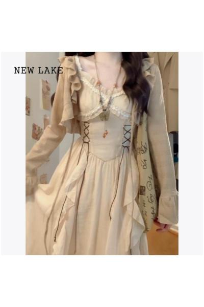 NEW LAKE复古吊带裙连衣裙女春季2024新款不规则设计感小众开衫裙子两件套