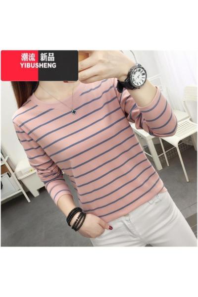 YIBUSHENG春季2024新款大码宽松长袖T恤女装外穿打底衫条纹体恤上衣服