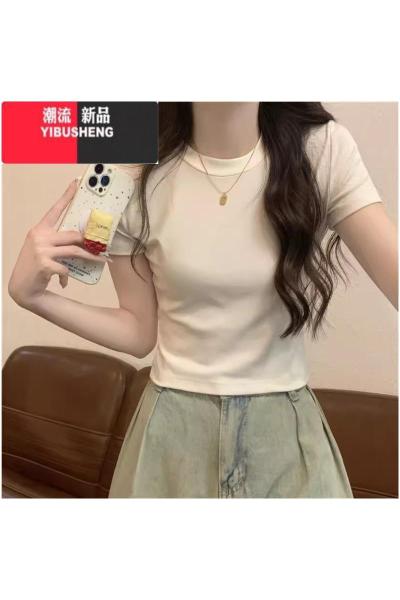 YIBUSHENG圆领正肩粉色t恤女短袖季美式修身短款高腰辣妹纯欲体恤上衣服