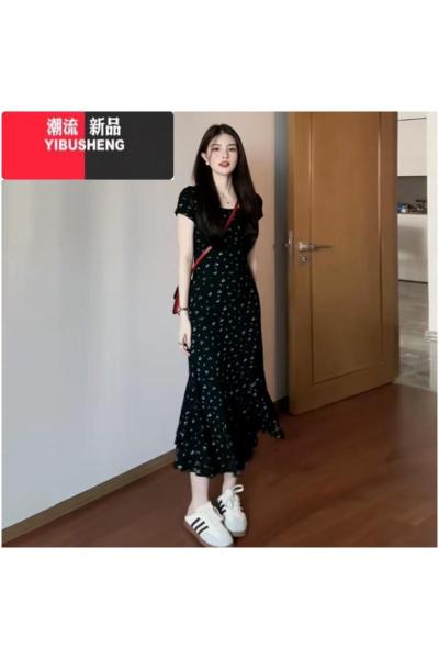 YIBUSHENG法式黑色碎花连衣裙女季2024年新款小众设计感气质收腰显瘦长裙
