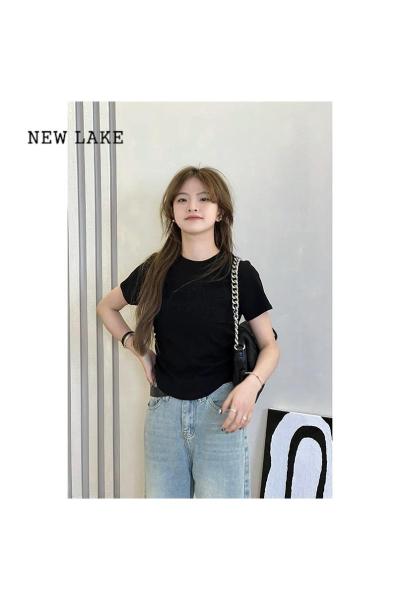 NEW LAKE时尚洋气字母立体烫印抽皱T恤2024春季新款韩版女装短袖短款上衣