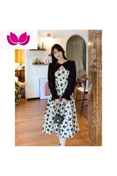 七斓大码裙子套装女秋胖MM遮肉显瘦长袖披肩复古碎花吊带连衣裙套