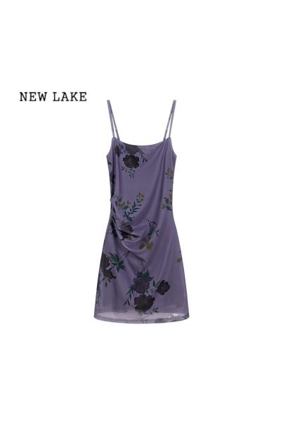 NEW LAKE法式性感紫色印花吊带连衣裙女夏季收腰显瘦包臀裙子气质开叉长裙