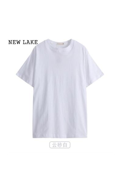 NEW LAKE纯棉海洋蓝短袖正肩t恤女春季新款2024年新年衣服奶fufu宽松半袖