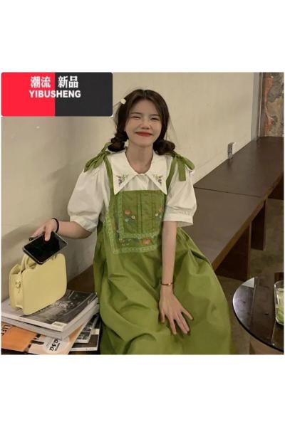 YIBUSHENG季学院风刺绣花朵短袖衬衫森系复古蕾丝花边背带连衣裙女两件套