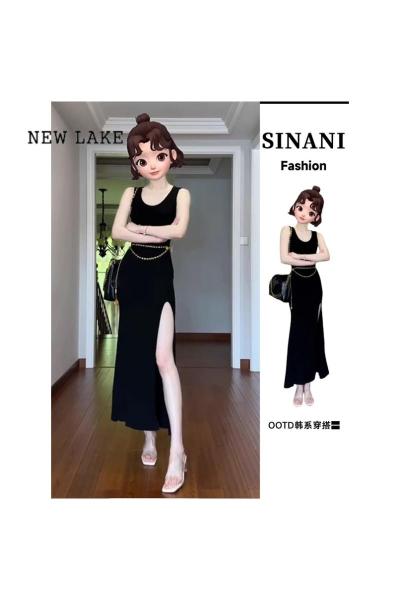 NEW LAKE黑色开叉吊带连衣裙子女夏季2024新款法式修身气质显瘦高级感长裙
