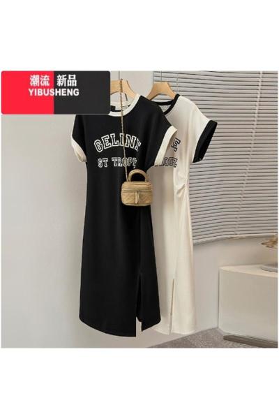 YIBUSHENG大码女装t恤连衣裙小个子季衣服微胖mm收腰显瘦开叉长款裙