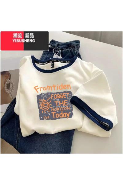 YIBUSHENG季拼接撞色短袖t恤女韩版显瘦学院风百搭多巴胺t恤女上衣服