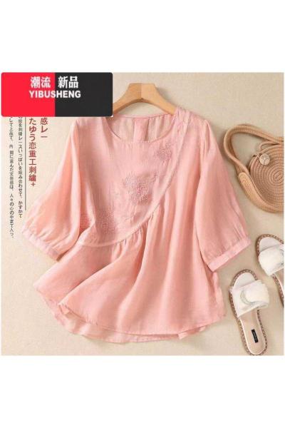 YIBUSHENG90-300斤大码新款T恤季新款文艺复古刺绣衫宽松圆领棉麻上衣女