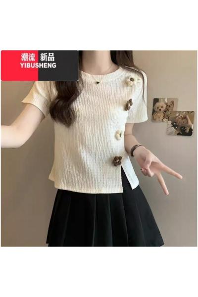 YIBUSHENG正肩t恤女短袖季花朵设计感小众修身显瘦短款不规则开叉上衣服