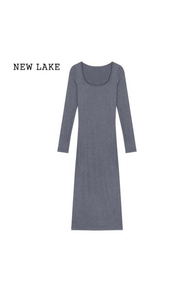 NEW LAKE灰色长袖连衣裙女装早春小妈感紧身鱼尾裙子方领修身中长款包臀裙